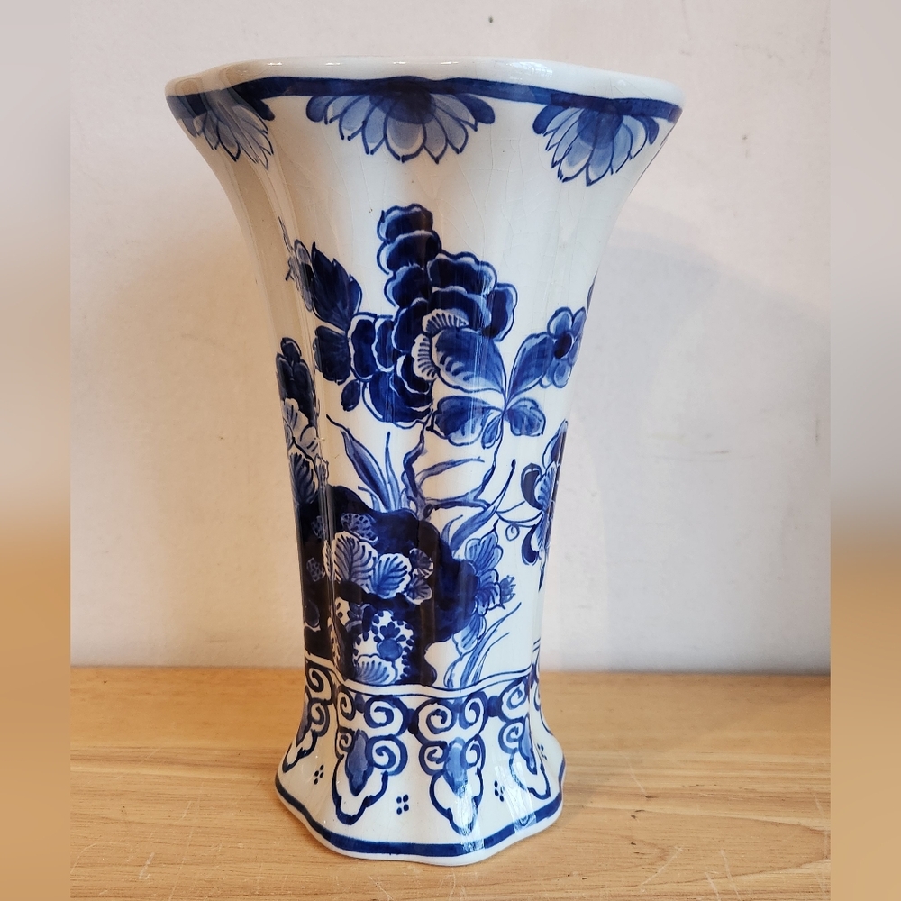 Antique Royal Delft Vase Blue Flower Porcelain Art Signed Hand Painted